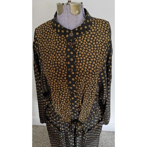 Vtg 80s Leslie Fay Midi Dress Women's Black Brown Paisley Tie Front Secretary 14 - Picture 2 of 15